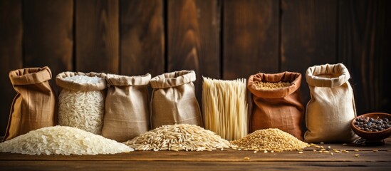 An assortment of rice varieties showcased on scoops and a paper bag against the backdrop of an aged wooden table with copy space image