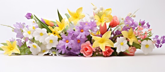 A beautiful bouquet of spring and summer flowers perfect for a holiday celebration The flowers are displayed on a white background providing plenty of space for copying