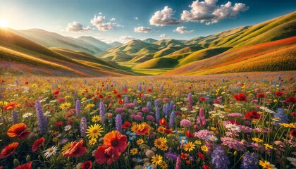 Vibrant Wildflower Meadow in Rolling Hills at Sunset, Spring Nature Landscape