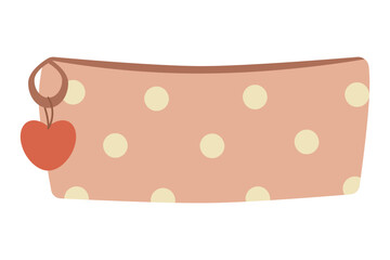 Cute school pencil case with polka dots. Girly cosmetic bag with a heart keychain. Isolated vector illustration for your design