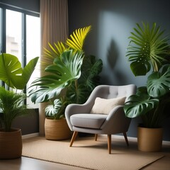 Home garden love. Minimalist contemporary living room interior design in white and blue tones. Parquet, sofa and many house plants. Urban jungle, indoor biophilia idea, 3d illustration