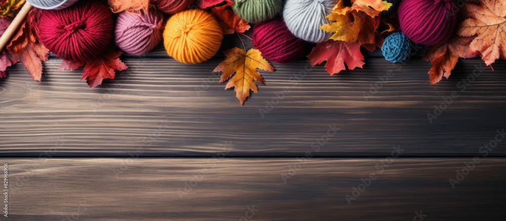 Poster the diy concept is showcased in a top down view of a wooden table adorned with balls of natural wool