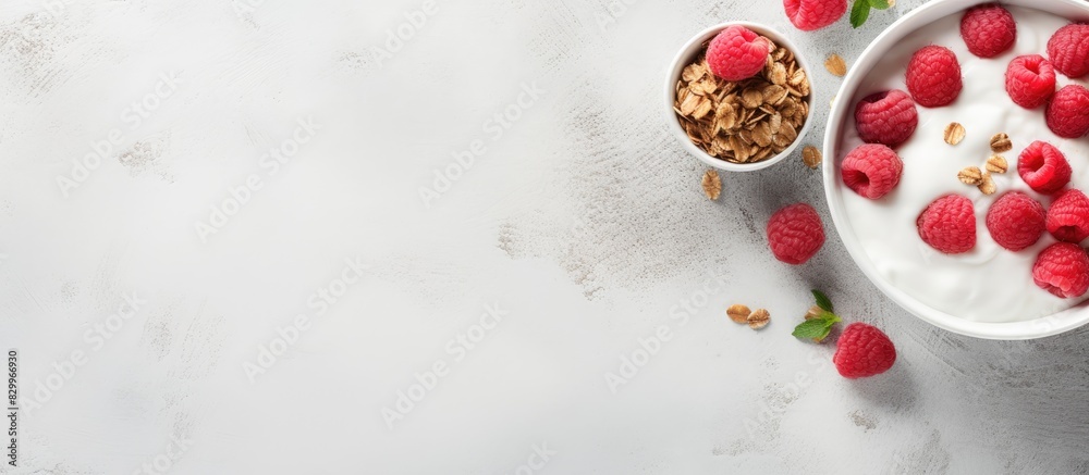 Poster a healthy breakfast concept featuring a bowl of granola mixed with raspberries and greek yogurt plac