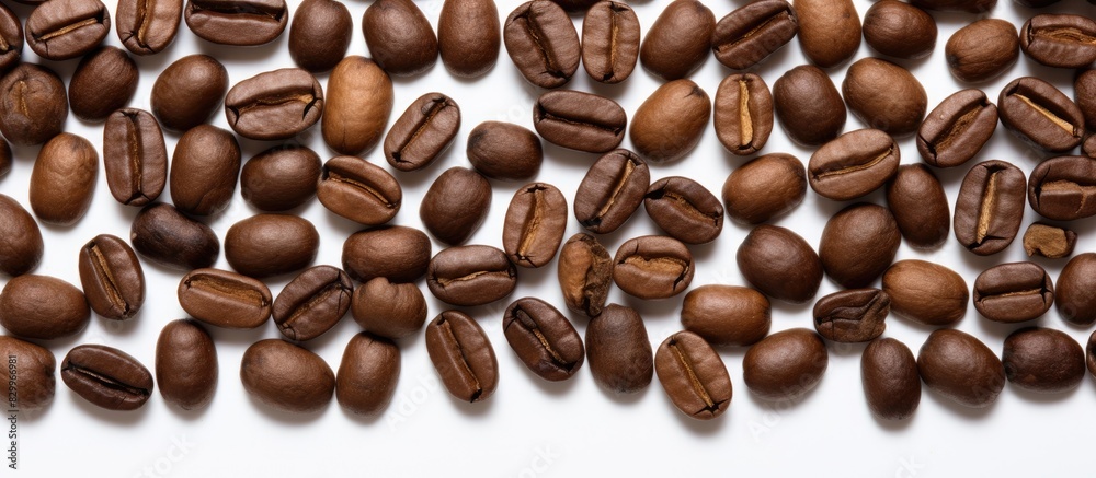 Poster Aromatic roasted Arabica coffee beans arranged to resemble lips on a white backdrop Perfect for adding text or graphics. with copy space image. Place for adding text or design