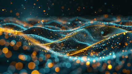 Imitation an abstract wave on dark background. Network Design with Particle. Big data. Abstract bright shine in black space. 3D rendering. Generative AI.