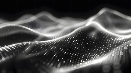 Imitation an abstract wave on dark background. Network Design with Particle. Big data. Abstract bright shine in black space. 3D rendering. Generative AI.