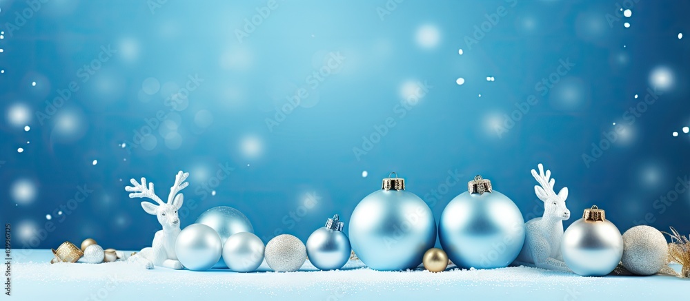 Poster a festive blue background adorned with paper bunny ears christmas balls and a gift creating a visual