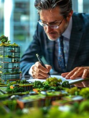 Fototapeta premium Sustainability in Business: Businessman Sketching Eco-Friendly Designs for Green Office Complex Model