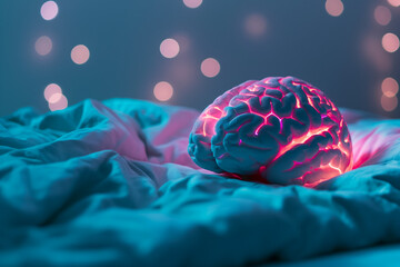 Glowing brain model highlighting REM sleep activity, background with empty space for text 