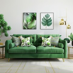 Green sofa and decor in living room UHD Wallpapar