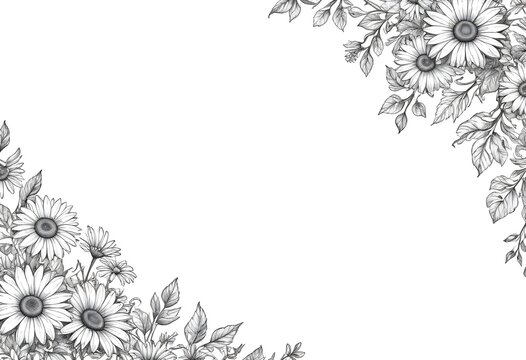 recommend clip art: A floral border with black outline drawings of daisies and vines on a white background
