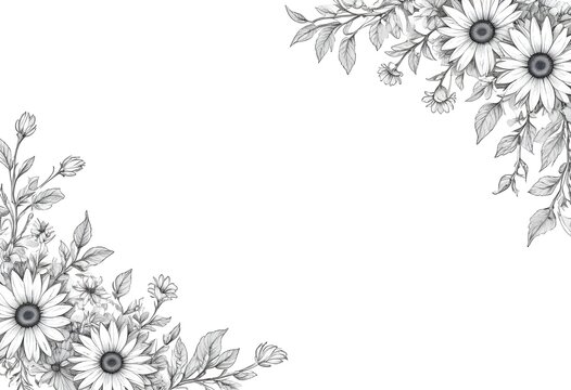 recommend clip art: A floral border with black outline drawings of daisies and vines on a white background