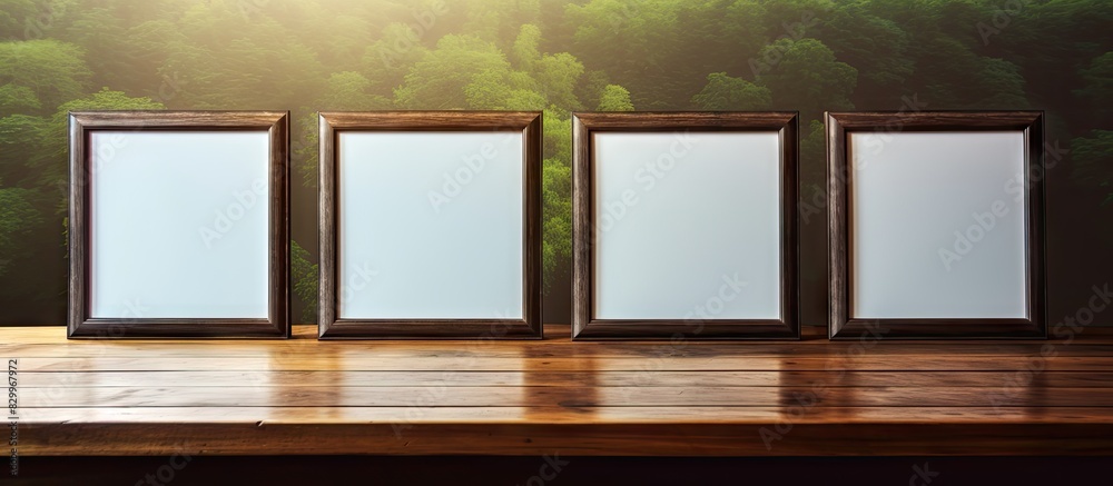 Aufkleber A picture frame is placed on a wooden table creating a visually appealing composition with plenty of copy space for an image