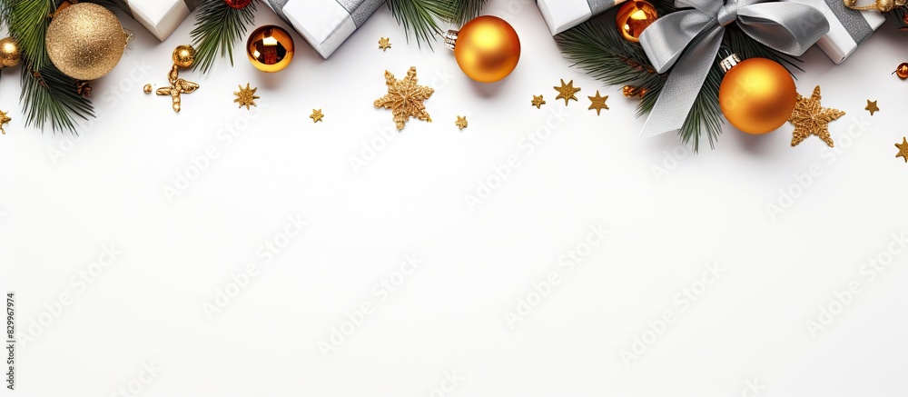 Poster Top view image of a Christmas themed background featuring a creatively decorated fir tree present box and festive decorations placed on a white table. with copy space image
