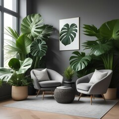 Home garden love. Minimalist contemporary living room interior design in white and blue tones. Parquet, sofa and many house plants. Urban jungle, indoor biophilia idea, 3d illustration