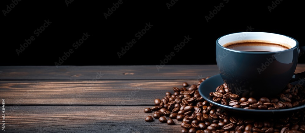 Poster a top view of a cup of coffee and a bean on a black wooden table creates a captivating copy space im