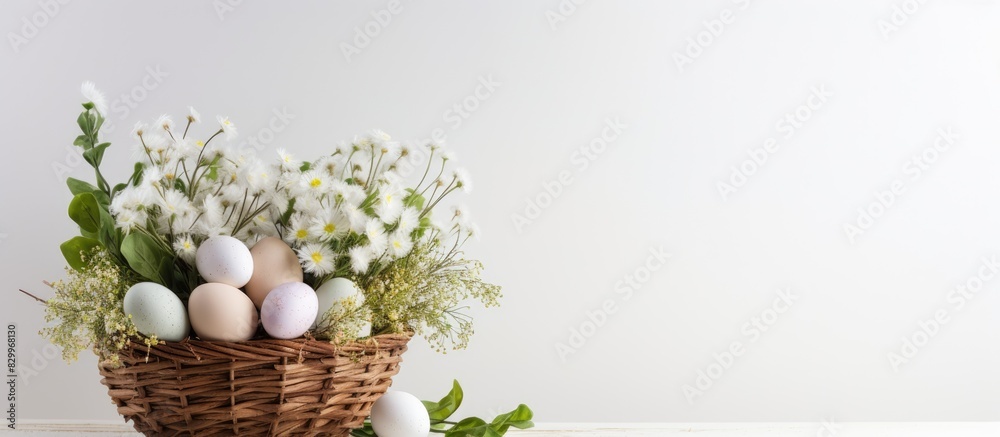 Poster An Easter themed arrangement featuring a wicker basket filled with rabbit and white chicken eggs set against a light background with copy space