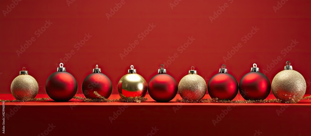 Poster a festive arrangement of christmas tree ornaments against a red backdrop with plenty of copy space f