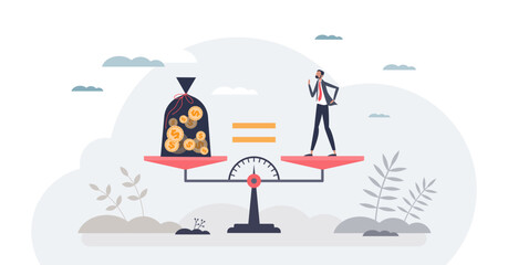 Compensation analysis and fair financial commission tiny person concept, transparent background. Economical value for employee, labor or sales manager illustration. Accountancy wages calculation.