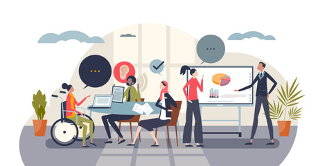 Diversity and inclusion in workplace for fair social equality tiny person concept, transparent background. Various ethnical, racial and gender groups for diverse business company illustration.