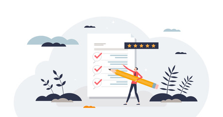 Employee surveys to check satisfaction in workplace tiny person concept, transparent background.Motivation, loyalty and evaluation form from HR to staff illustration.