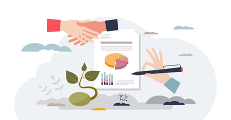 Grant writing as application for financial support tiny person hands concept, transparent background. Money loan agreement for development financing illustration. Signing deal with government.