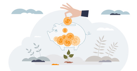 Nonprofit fundraising as financial support donation tiny person hands concept, transparent background. Saving money in piggy bank for humanitarian campaign as gift for poor social group illustration.