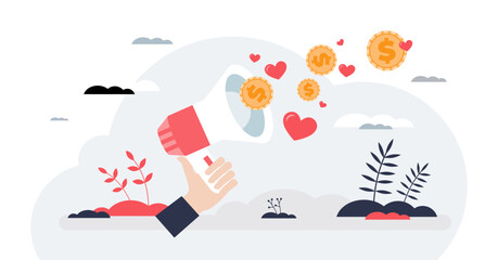 Nonprofit fundraising project with financial aid tiny person hands concept, transparent background. Support awareness for money raising illustration. Philanthropy and public charity project.