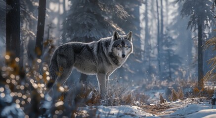 Obraz premium Majestic Wolf in Winter Forest Scene, Wildlife Photography for Posters