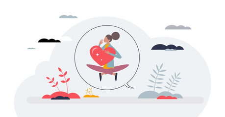 Morning affirmations for self esteem and acceptance tiny person concept, transparent background. Start your day with good vibes, optimistic attitude and inspirational mindset illustration.