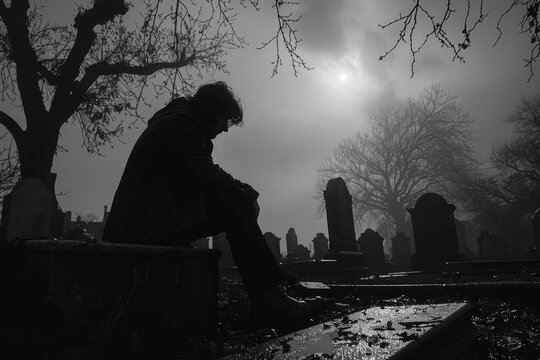 A grieving man sits next to a grave in a cemetery with shadowy trees around