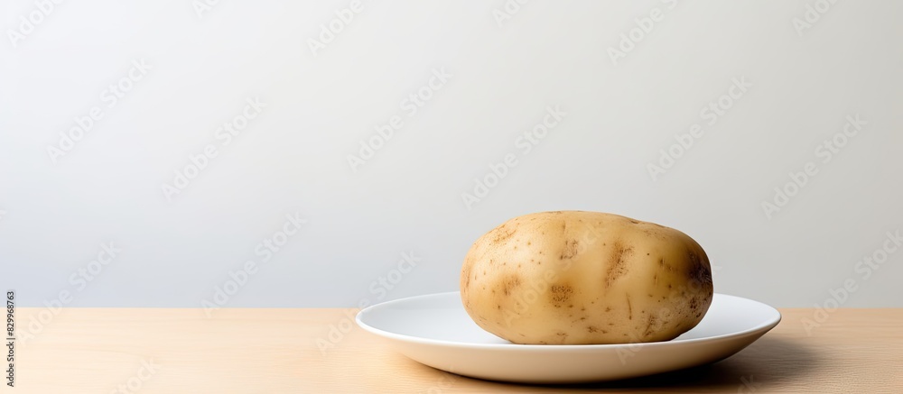 Poster A potato is boiled and placed on a plate The plate is white and the background is isolated There is empty space for writing texts. with copy space image. Place for adding text or design