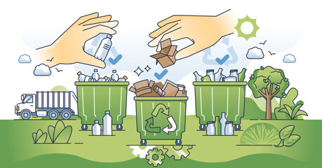 Recycling program with green waste management system outline hands concept, transparent background. Material conservation and reuse.