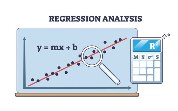 Regression analysis with linear data statistics results outline diagram, transparent background. Labeled educational scheme and mathematical function calculation.