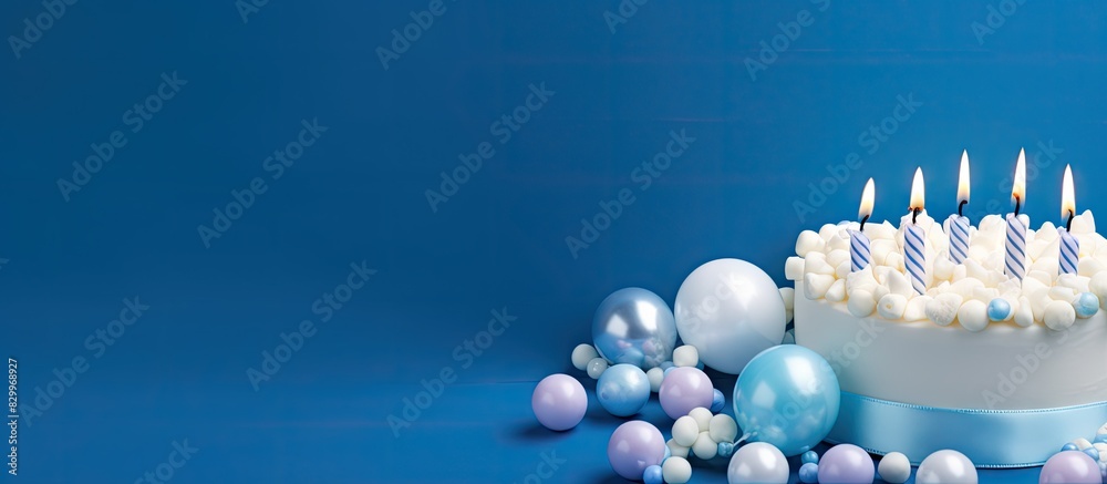 Aufkleber blue background with copy space image of a birthday greeting card adorned with marshmallows and bead