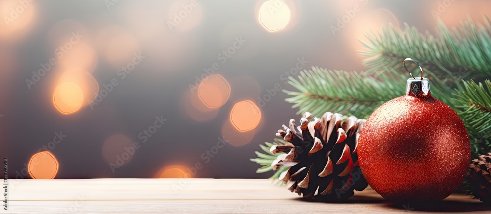 Poster A festive Christmas background featuring a fir tree branch adorned with a Christmas ball and a cone on a wooden backdrop. with copy space image. Place for adding text or design