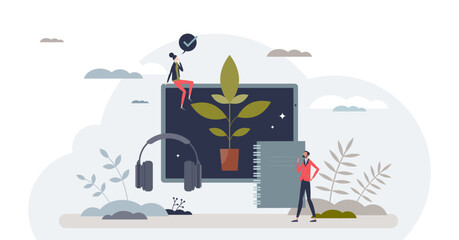 Virtual mentorship and distant assistance from leader tiny person concept, transparent background. Remote online motivation lesson as effective team inspiration and mentoring illustration.