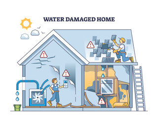 Water damaged home after broken pipe accident and leakage outline concept, transparent background. Emergency plumbing disaster with damaged walls, floor and roof illustration.