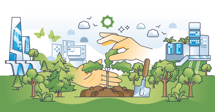 Urban greening and tree planing in green city parks outline hands concept, transparent background. Sustainable and environmental residential neighborhood.