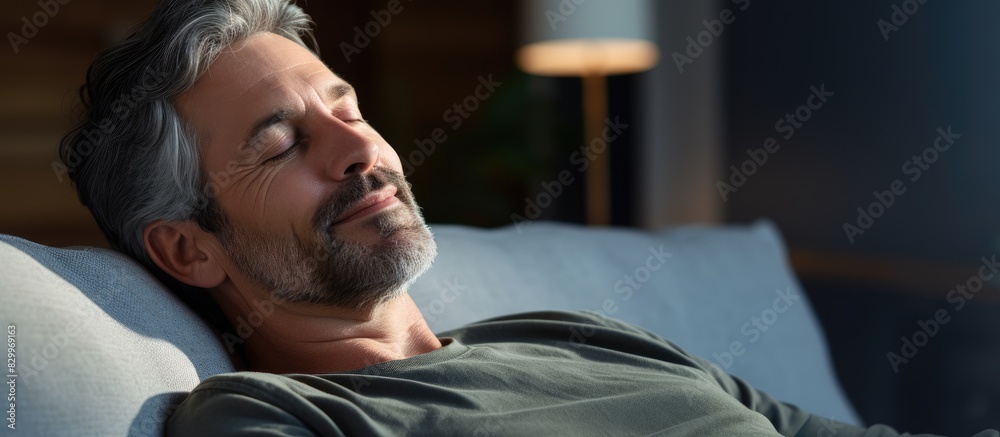 Poster Middle aged man peacefully relaxing on the couch at home with his eyes closed finding solace after a long and difficult day He enjoys the tranquility during the lockdown captured in the copy space ima