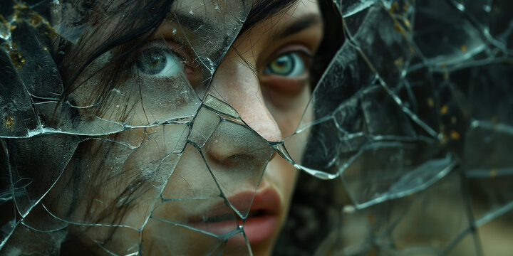 Unsettled figure ensnared in splintered mirror segments, signifying fragmented sleep paralysis 