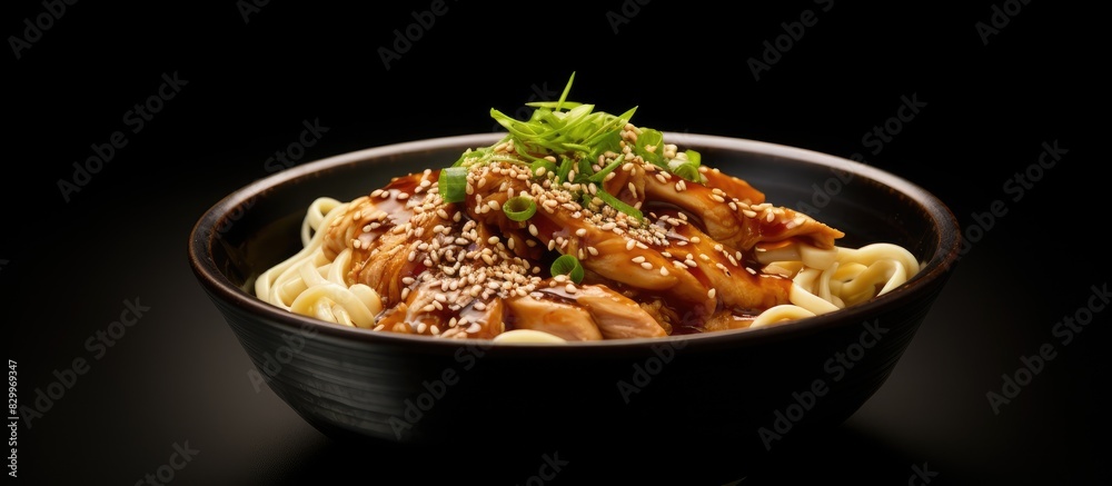 Aufkleber chicken udon noodles garnished with sesame seeds served in a bowl with a copy space image