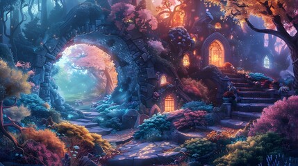Mystical Enchanted Fairytale Forest with Glowing Castle Ruins at Sunset