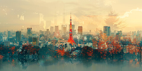 Fototapeta na wymiar Tokyo Tower in Japan. Contemporary Art