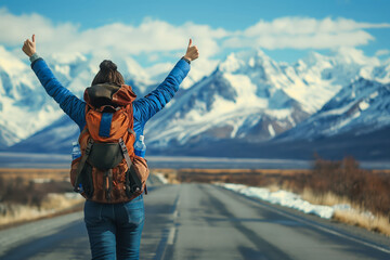 Young solo backpacker thumbing a ride on remote mountain road 