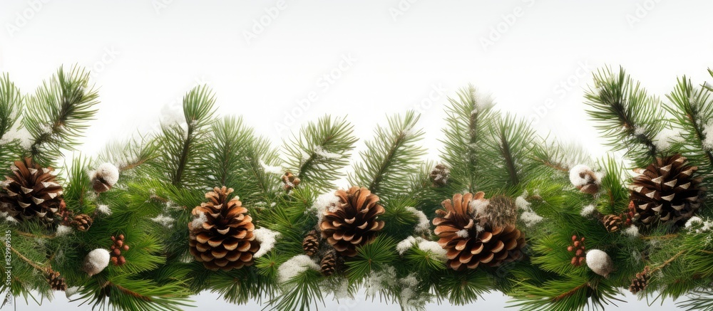 Aufkleber Christmas composition featuring spruce and fir branches forming a border This isolated white background image includes copy space for text making it suitable for use as a banner