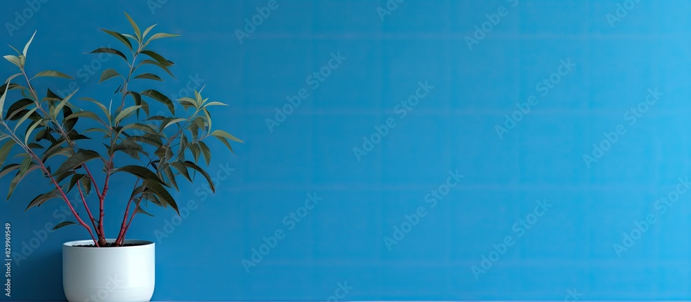 Poster a plant is positioned in front of a blue wall offering ample space for customized content in the ima