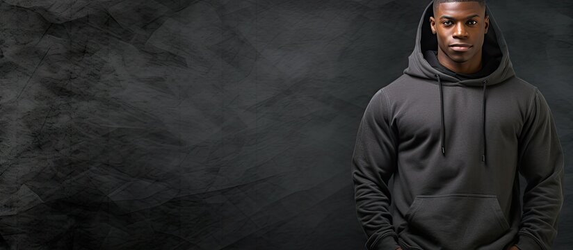 An advertising banner features a fashionable African American male model wearing a black hoodie and jeans allowing for copy space