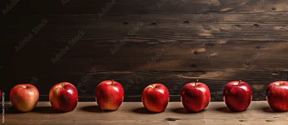 Poster An image of apples placed on a weathered wooden floor with empty space surrounding them. with copy space image. Place for adding text or design