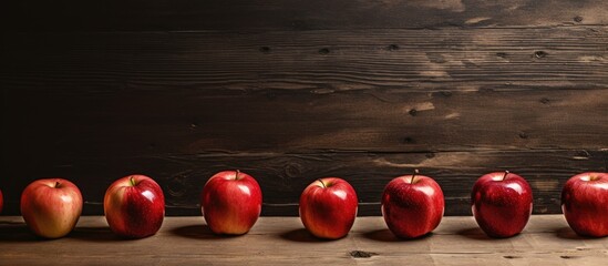 An image of apples placed on a weathered wooden floor with empty space surrounding them. with copy...